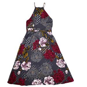 Everly (Anthropologie) Halter Style Dress Red Gray Floral High Neck Size Small